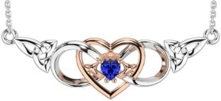 Sapphire Rose Gold Silver Celtic Trinity Knot Infinity Heart Claddagh Necklace