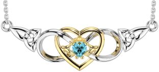 Aquamarine Gold Silver Celtic Trinity Knot Infinity Heart Claddagh Necklace