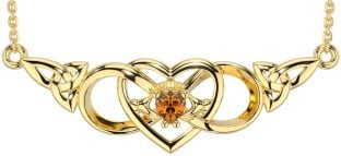 Citrine Gold Silver Celtic Trinity Knot Infinity Heart Claddagh Necklace