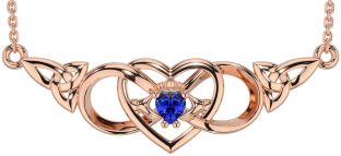 Sapphire Rose Gold Celtic Trinity Knot Infinity Heart Claddagh Necklace