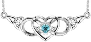 Aquamarine Silver Celtic Trinity Knot Infinity Heart Claddagh Necklace