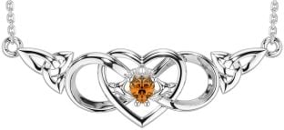 Citrine Silver Celtic Trinity Knot Infinity Heart Claddagh Necklace