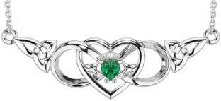 Emerald Silver Celtic Trinity Knot Infinity Heart Claddagh Necklace