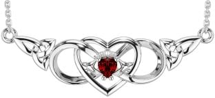 Garnet Silver Celtic Trinity Knot Infinity Heart Claddagh Necklace