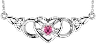 Pink Tourmaline Silver Celtic Trinity Knot Infinity Heart Claddagh Necklace