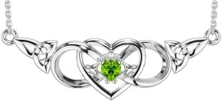 Peridot Silver Celtic Trinity Knot Infinity Heart Claddagh Necklace