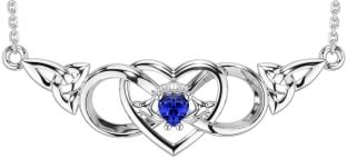 Sapphire Silver Celtic Trinity Knot Infinity Heart Claddagh Necklace