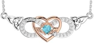 Diamant Akvamarin Rose Gull Sølv Celtic Treenighet Knute evighet Hjerte Claddagh Halskjede