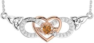 Diamond Citrine Rose Gold Silver Celtic Trinity Knot Infinity Heart Claddagh Necklace