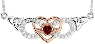 Diamond Garnet Rose Gold Silver Celtic Trinity Knot Infinity Heart Claddagh Necklace