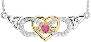 Diamond Pink Tourmaline Gold Silver Celtic Trinity Knot Infinity Heart Claddagh Necklace