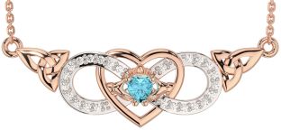 Diamond Aquamarine Rose Gold Silver Celtic Trinity Knot Infinity Heart Claddagh Necklace