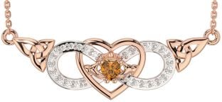 Diamond Citrine Rose Gold Silver Celtic Trinity Knot Infinity Heart Claddagh Necklace