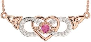 Diamond Pink Tourmaline Rose Gold Silver Celtic Trinity Knot Infinity Heart Claddagh Necklace