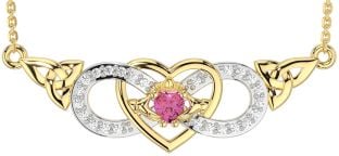 Diamond Pink Tourmaline Gold Silver Celtic Trinity Knot Infinity Heart Claddagh Necklace