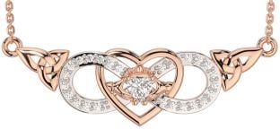 Diamond Rose Gold Celtic Trinity Knot Infinity Heart Claddagh Necklace