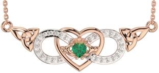 Diamond Emerald Rose Gold Celtic Trinity Knot Infinity Heart Claddagh Necklace