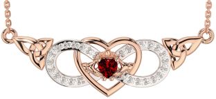 Diamond Garnet Rose Gold Celtic Trinity Knot Infinity Heart Claddagh Necklace