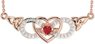 Diamond Ruby Rose Gold Celtic Trinity Knot Infinity Heart Claddagh Necklace