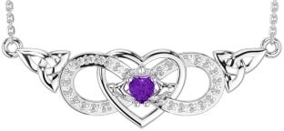 Diamond Amethyst Silver Celtic Trinity Knot Infinity Heart Claddagh Necklace