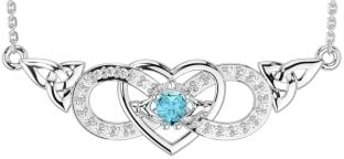 Diamond Aquamarine Silver Celtic Trinity Knot Infinity Heart Claddagh Necklace