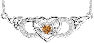 Diamond Citrine Silver Celtic Trinity Knot Infinity Heart Claddagh Necklace