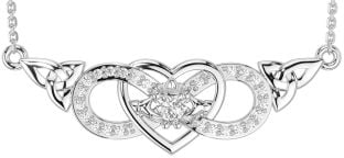 Diamond Silver Celtic Trinity Knot Infinity Heart Claddagh Necklace