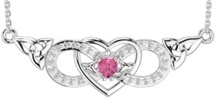 Diamond Pink Tourmaline Silver Celtic Trinity Knot Infinity Heart Claddagh Necklace