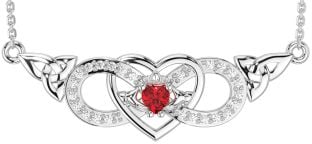 Diamant Rubin Silber keltisch Dreieinigkeit Knoten Unendlichkeit Herz Claddagh Halskette