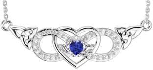 Diamond Sapphire Silver Celtic Trinity Knot Infinity Heart Claddagh Necklace