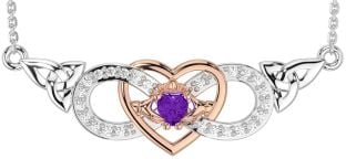 Diamond Amethyst Rose Gold Silver Celtic Trinity Knot Infinity Heart Claddagh Necklace