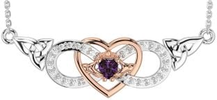 Diamond Alexandrite Rose Gold Silver Celtic Trinity Knot Infinity Heart Claddagh Necklace