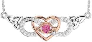 Diamond Pink Tourmaline Rose Gold Silver Celtic Trinity Knot Infinity Heart Claddagh Necklace