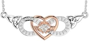 Diamond White Rose Gold Celtic Trinity Knot Infinity Heart Claddagh Necklace