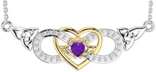 Diamond Amethyst White Yellow Gold Celtic Trinity Knot Infinity Heart Claddagh Necklace