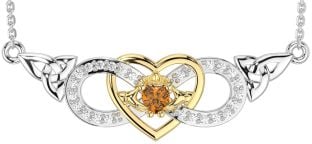 Diamond Citrine White Yellow Gold Celtic Trinity Knot Infinity Heart Claddagh Necklace