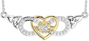 Diamond White Yellow Gold Celtic Trinity Knot Infinity Heart Claddagh Necklace