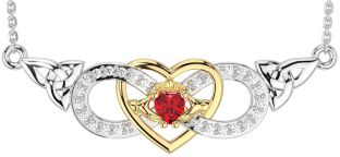 Diamond Ruby White Yellow Gold Celtic Trinity Knot Infinity Heart Claddagh Necklace