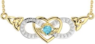 Diamond Aquamarine Gold Celtic Trinity Knot Infinity Heart Claddagh Necklace