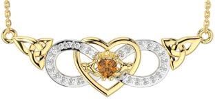 Diamond Citrine Gold Celtic Trinity Knot Infinity Heart Claddagh Necklace