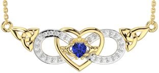 Diamond Sapphire Gold Celtic Trinity Knot Infinity Heart Claddagh Necklace