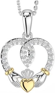 Diamond Gold Silver Claddagh Celtic Heart Necklace