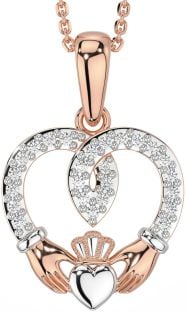 Diamond Rose Gold Silver Claddagh Celtic Heart Necklace