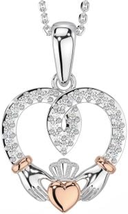 Diamond White Rose Gold Claddagh Celtic Heart Necklace