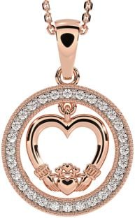 Diamond Rose Gold Silver Claddagh Heart Necklace