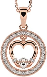 Diamond Rose Gold Silver Claddagh Heart Necklace