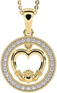 Diamond Gold Silver Claddagh Heart Necklace