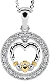 Diamond White Yellow Gold Claddagh Heart Necklace