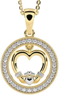 Diamond White Yellow Gold Claddagh Heart Necklace