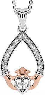 Diamond Rose Gold Silver Claddagh Necklace